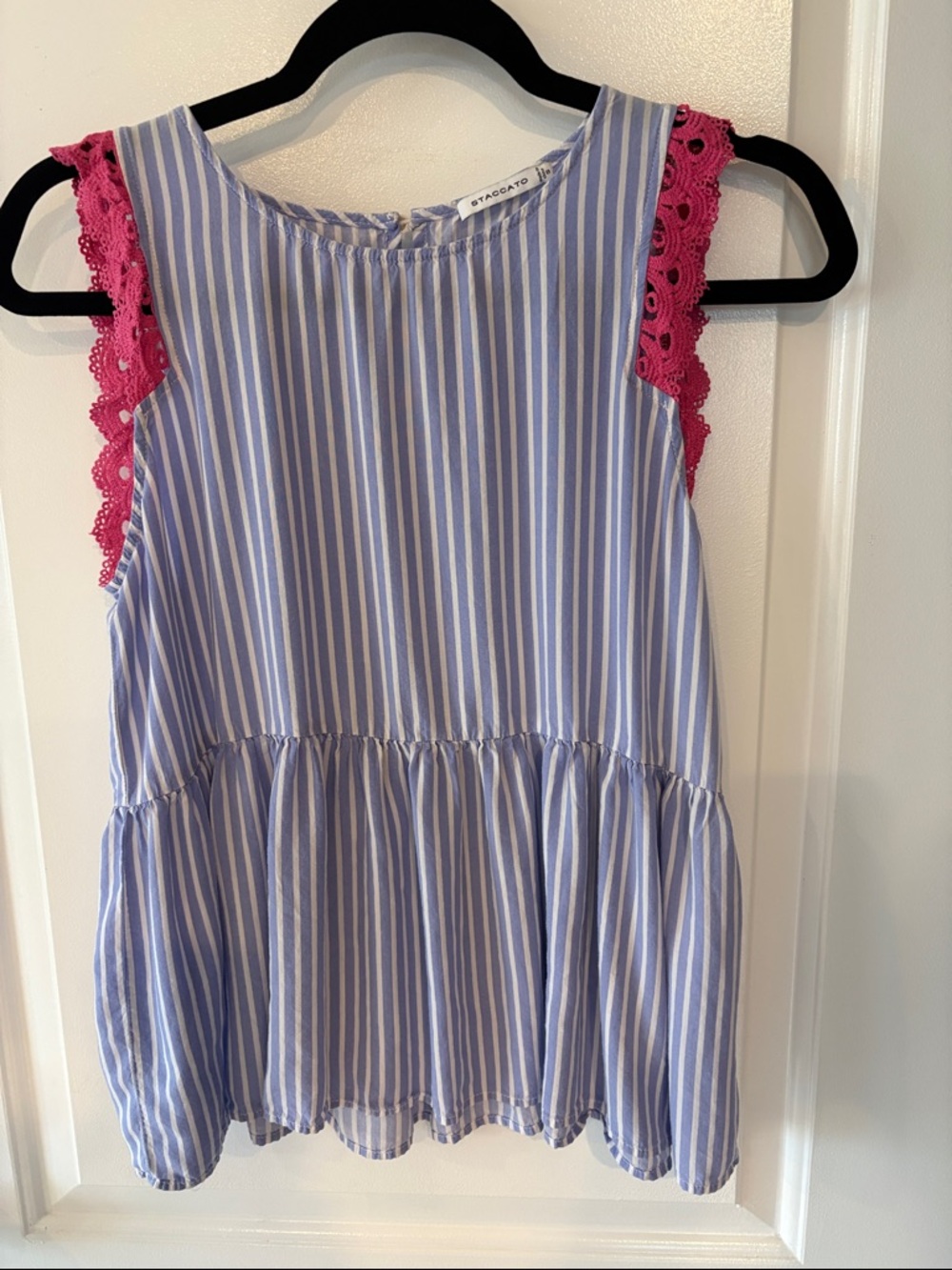 Staccato Blue and White Striped Peplum Tank with Pink Lace Trim - Sz small
